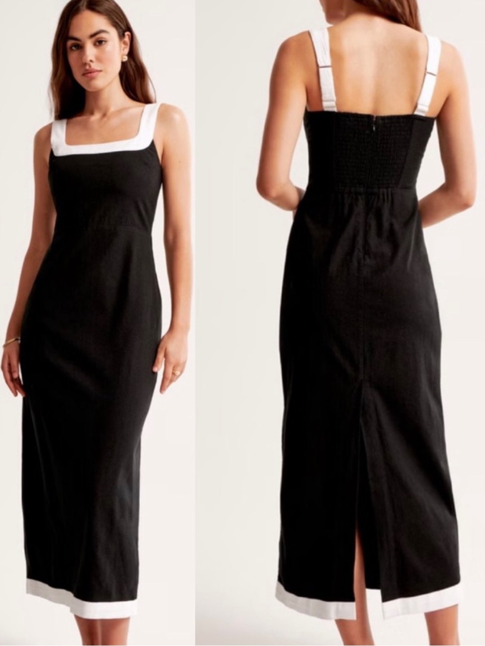 Abercrombie & fitch black white square neck split linen back maxi dress medium